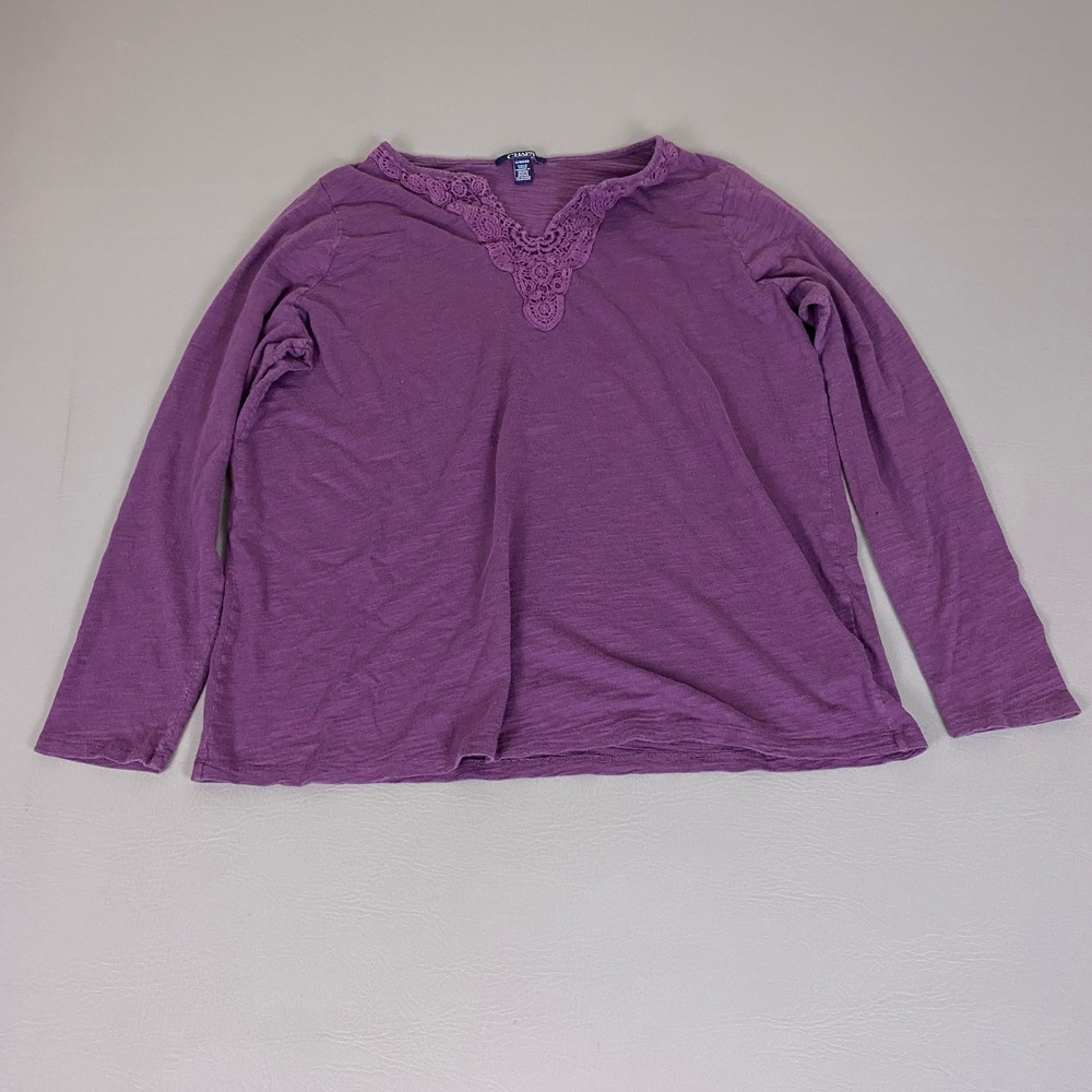 Chaps Top Womens Plus 1X Purple Long Sleeve V-Neck Crochet Lace Trim Knit *Flaw*